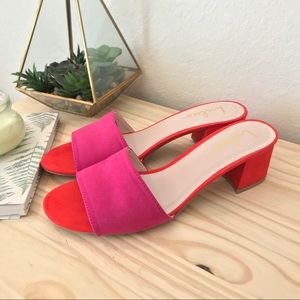 Lulus slip on sandals with a short heel.